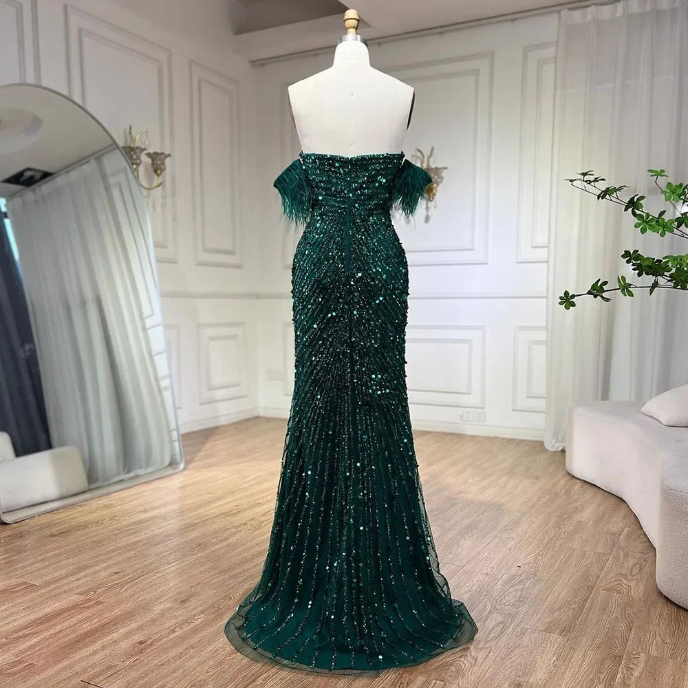 Serene Hill Green Mermaid High Split Spaghetti Strap Evening Dresses Feather Beaded Gowns For Women Party LA72238 - SERENE HILL