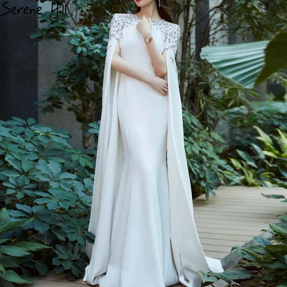 Luxury White Mermaid Evening Dress with Cape LA70934 - SERENE HILL