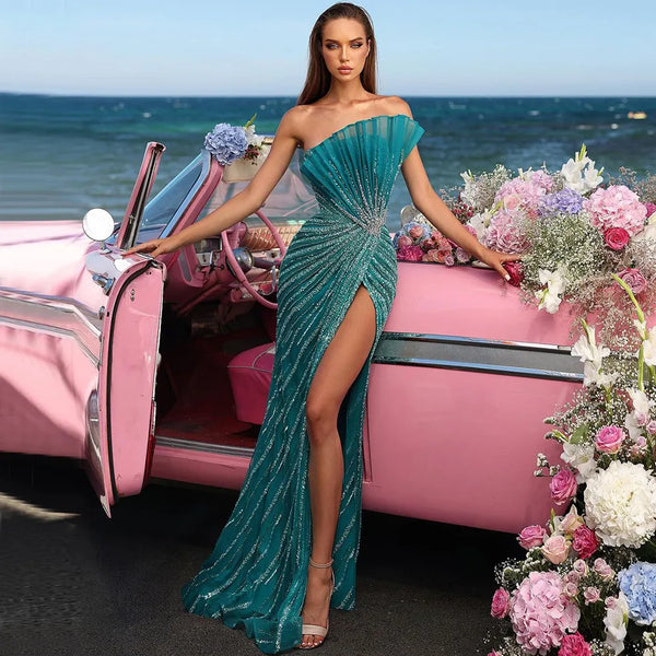Serene Hill Green Mermaid Sexy High Split Off Shoulder Beaded Luxury Dubai Evening Dresses Gowns 2025 For Women Party LA72049