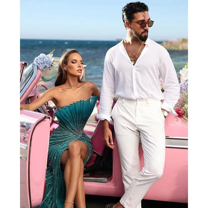 Serene Hill Green Mermaid Sexy High Split Off Shoulder Beaded Luxury Dubai Evening Dresses Gowns 2025 For Women Party LA72049 - SERENE HILL