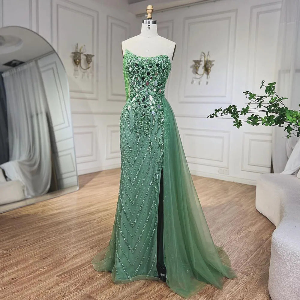 Serene Hill Green Mermaid Spaghetti Straps High Split Beaded Sequined Evening Dresses Gowns 2025 For Women Party LA72212 - SERENE HILL