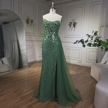 Serene Hill Green Mermaid Spaghetti Straps High Split Beaded Sequined Evening Dresses Gowns 2025 For Women Party LA72212 - SERENE HILL