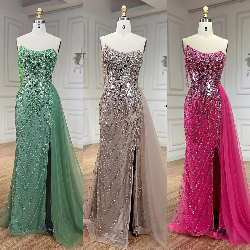 Serene Hill Green Mermaid Spaghetti Straps High Split Beaded Sequined Evening Dresses Gowns 2025 For Women Party LA72212 - SERENE HILL