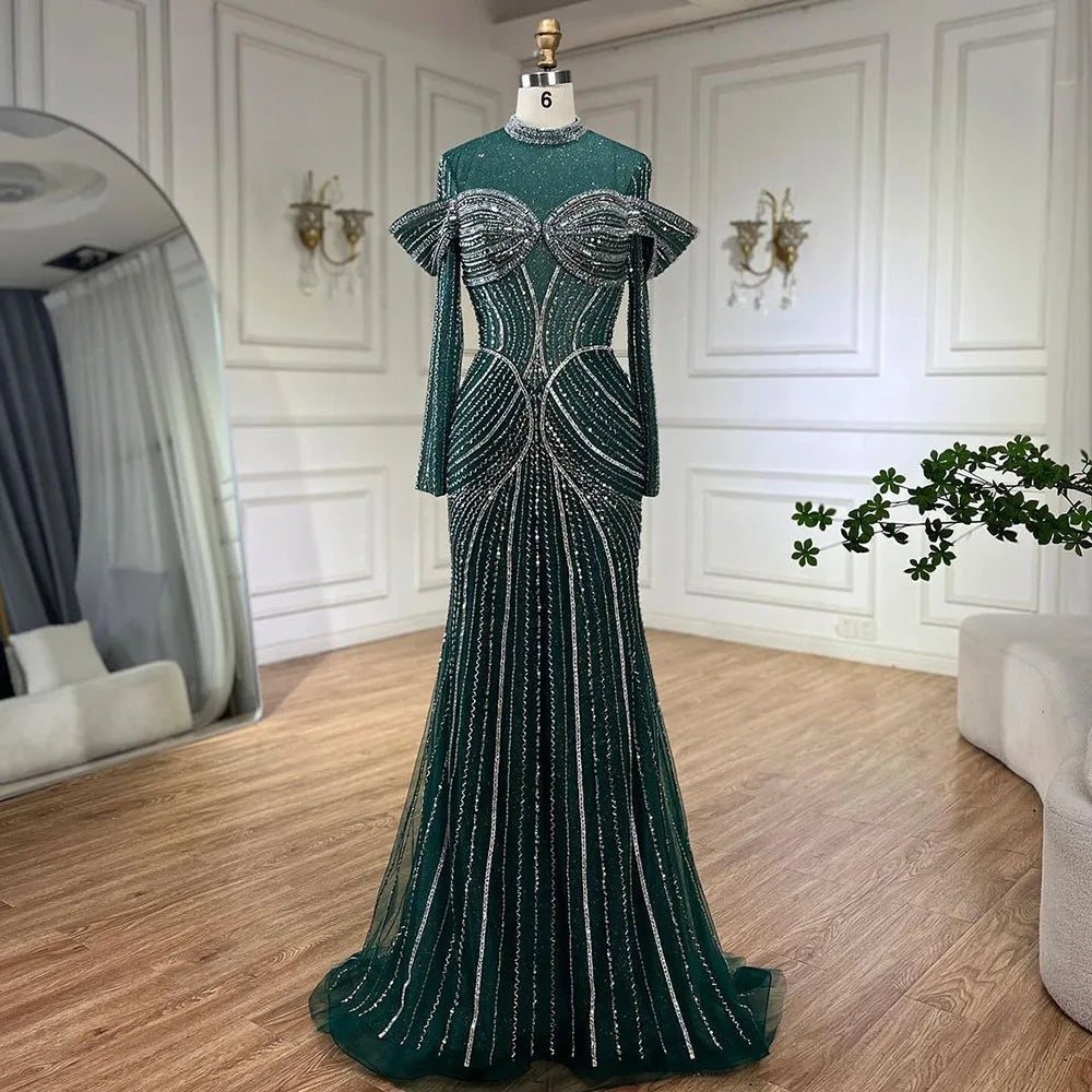 Serene Hill Green Muslim Elegant Mermaid Beaded Luxury Dubai Evening Dresses Gowns for Woman Wedding Party 2025 LA72547 - SERENE HILL