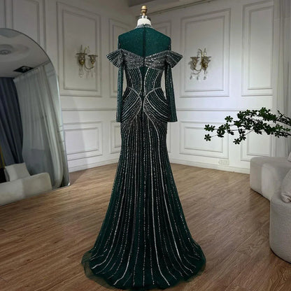 Serene Hill Green Muslim Elegant Mermaid Beaded Luxury Dubai Evening Dresses Gowns for Woman Wedding Party 2025 LA72547 - SERENE HILL