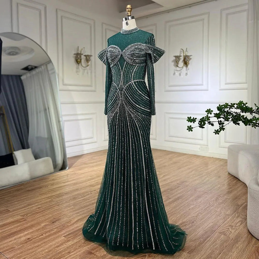 Serene Hill Green Muslim Elegant Mermaid Beaded Luxury Dubai Evening Dresses Gowns for Woman Wedding Party 2025 LA72547 - SERENE HILL