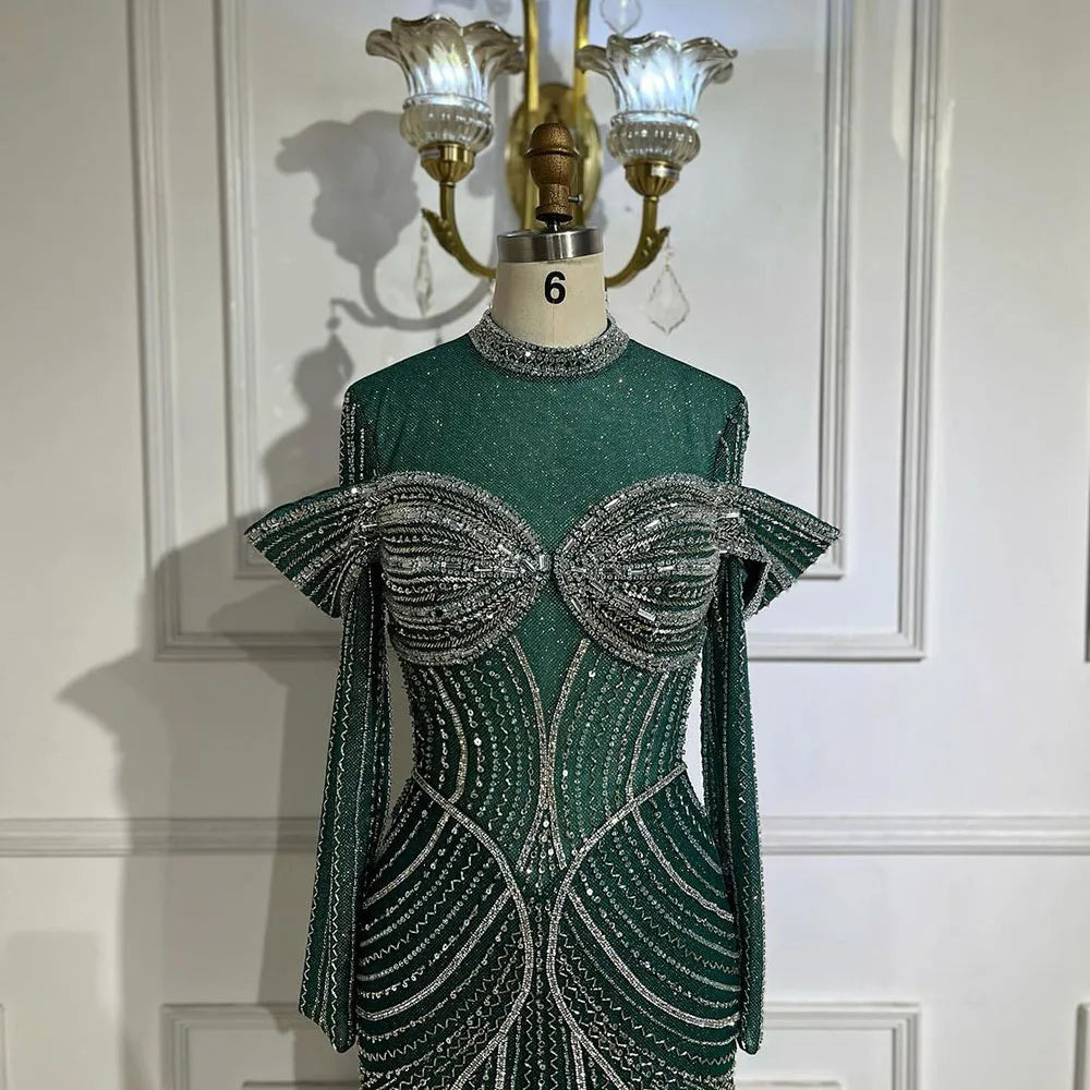 Serene Hill Green Muslim Elegant Mermaid Beaded Luxury Dubai Evening Dresses Gowns for Woman Wedding Party 2025 LA72547 - SERENE HILL