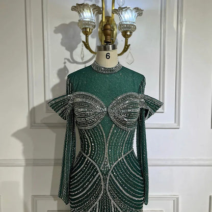 Serene Hill Green Muslim Elegant Mermaid Beaded Luxury Dubai Evening Dresses Gowns for Woman Wedding Party 2025 LA72547 - SERENE HILL