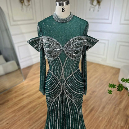 Serene Hill Green Muslim Elegant Mermaid Beaded Luxury Dubai Evening Dresses Gowns for Woman Wedding Party 2025 LA72547 - SERENE HILL