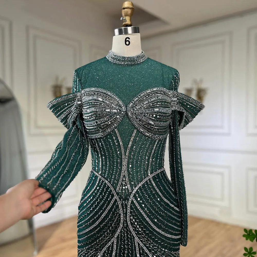 Serene Hill Green Muslim Elegant Mermaid Beaded Luxury Dubai Evening Dresses Gowns for Woman Wedding Party 2025 LA72547 - SERENE HILL