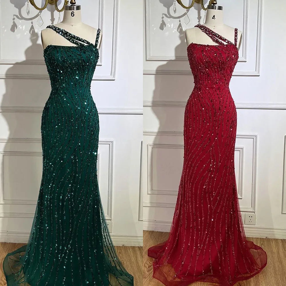 Serene Hill Green One Shoulder Mermaid Elegant Beaded Luxury Red Evening Dress Gown for Women&