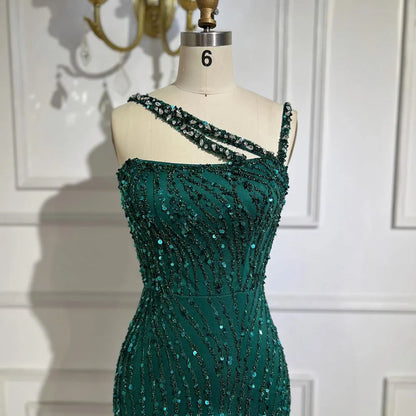 Serene Hill Green One Shoulder Mermaid Elegant Beaded Luxury Red Evening Dress Gown for Women&