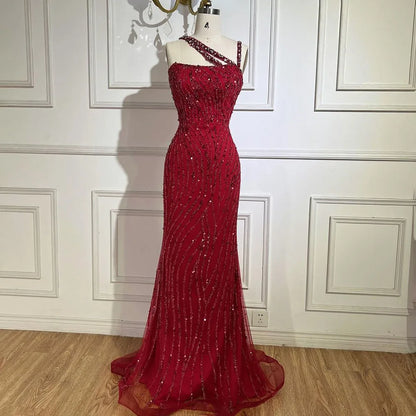 Serene Hill Green One Shoulder Mermaid Elegant Beaded Luxury Red Evening Dress Gown for Women&