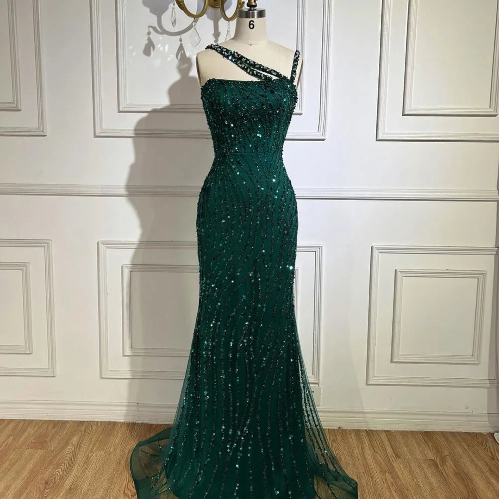 Serene Hill Green One Shoulder Mermaid Elegant Beaded Luxury Red Evening Dress Gown for Women&