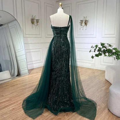 Luxury Green One Shoulder Mermaid Evening Dress with Cape LA72472 - SERENE HILL