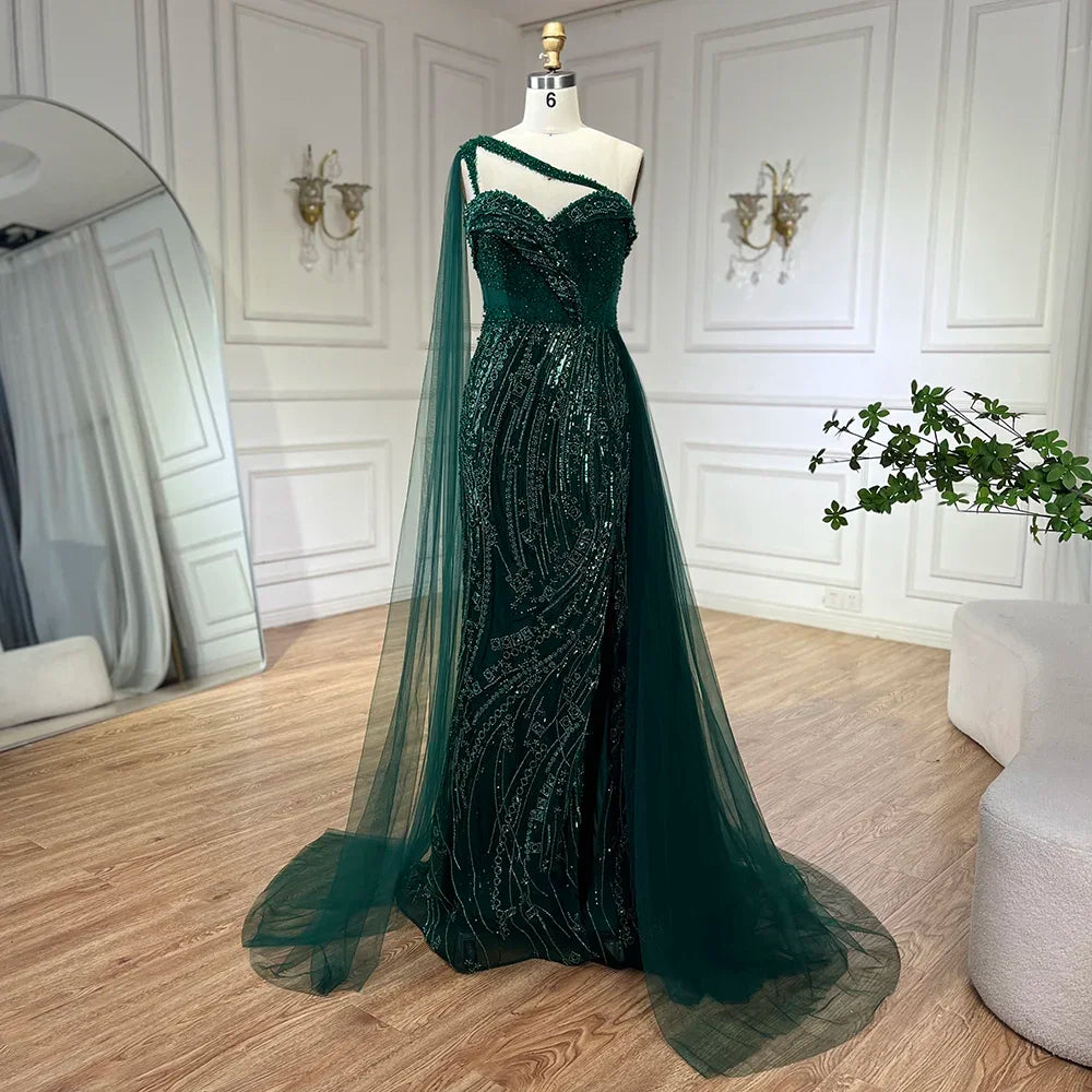 Luxury Green One Shoulder Mermaid Evening Dress with Cape LA72472 - SERENE HILL