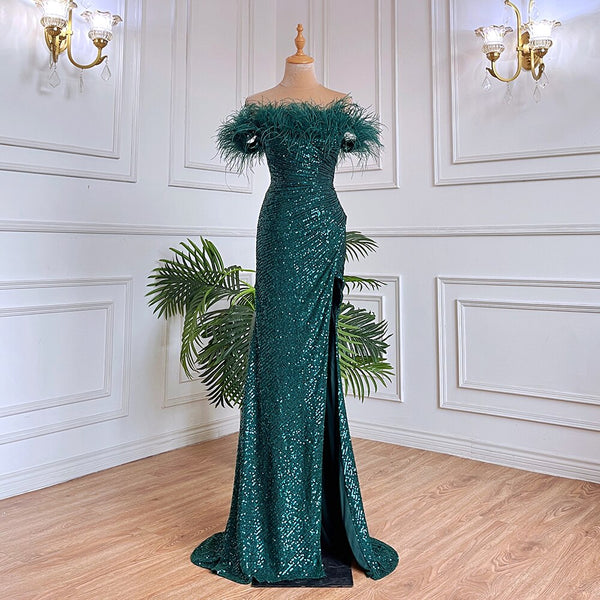Serene Hill Green Sexy Mermaid High Split Feathers Formal Luxury Evening Dresses Gowns For Women Wedding Party 2025 LA71848