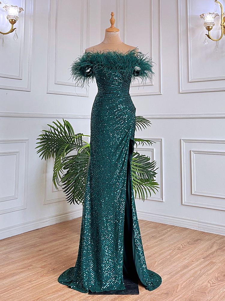 Serene Hill Green Sexy Mermaid High Split Feathers Formal Luxury Eveni –  SERENE HILL