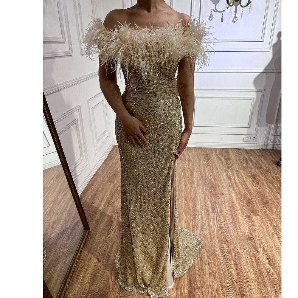 Serene Hill Green Sexy Mermaid High Split Feathers Formal Luxury Evening Dresses Gowns For Women Wedding Party 2025 LA71848 - SERENE HILL
