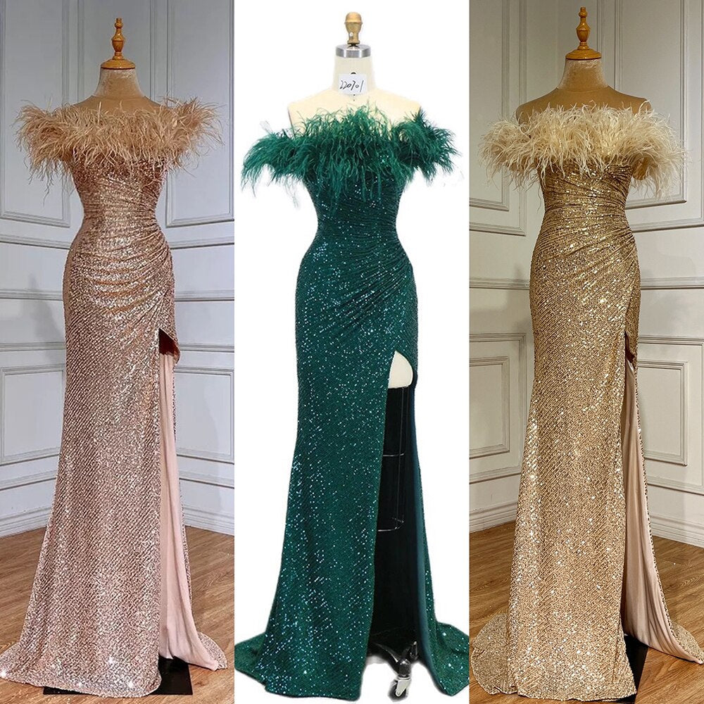 Serene Hill Green Sexy Mermaid High Split Feathers Formal Luxury Evening Dresses Gowns For Women Wedding Party 2025 LA71848 - SERENE HILL