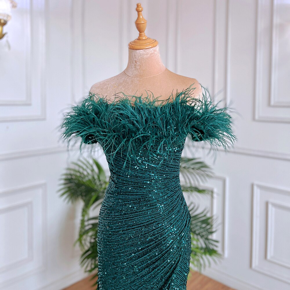 Serene Hill Green Sexy Mermaid High Split Feathers Formal Luxury Evening Dresses Gowns For Women Wedding Party 2025 LA71848 - SERENE HILL