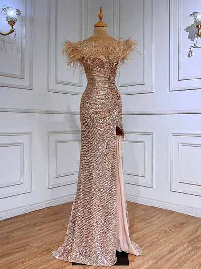 Serene Hill Green Sexy Mermaid High Split Feathers Formal Luxury Evening Dresses Gowns For Women Wedding Party 2025 LA71848 - SERENE HILL