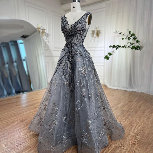 Serene Hill Grey A Line Luxury Evening Dresses 2025 Beaded Sleeveless Sexy For Women Wedding Party LA71250