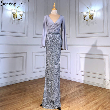 Serene Hill Grey Luxury Mermaid Evening Dresses Gowns Elegant Beaded Lantern Sleeve For Women Party LA71484 - SERENE HILL