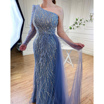 Serene Hill Grey Mermaid Elegant With Skirt One Shoulder Beaded Feathers Evening Dresses Gowns For Women Party 2025 LA71789 - SERENE HILL