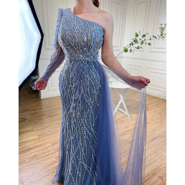 Serene Hill Grey Mermaid Elegant With Skirt One Shoulder Beaded Feathers Evening Dresses Gowns For Women Party 2025 LA71789