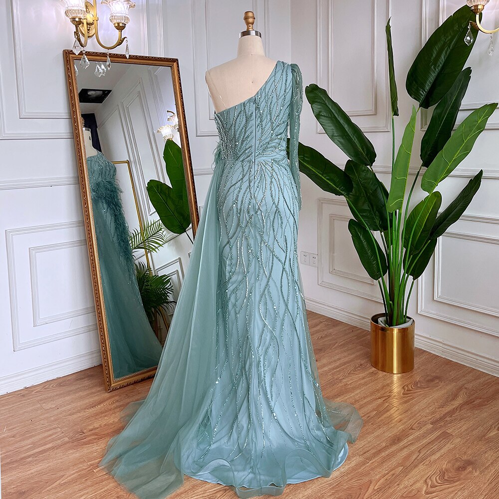 Serene Hill Grey Mermaid Elegant With Skirt One Shoulder Beaded Feathers Evening Dresses Gowns For Women Party 2025 LA71789 - SERENE HILL