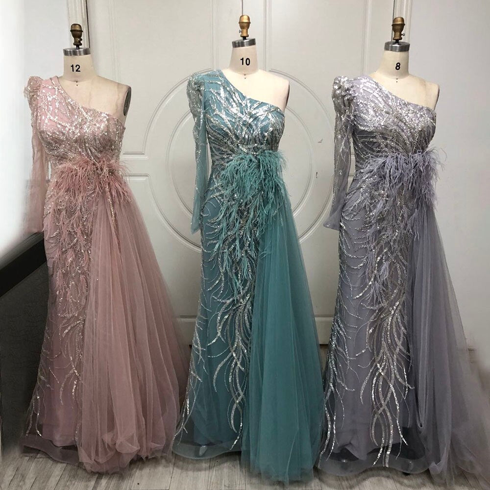 Serene Hill Grey Mermaid Elegant With Skirt One Shoulder Beaded Feathers Evening Dresses Gowns For Women Party 2025 LA71789 - SERENE HILL