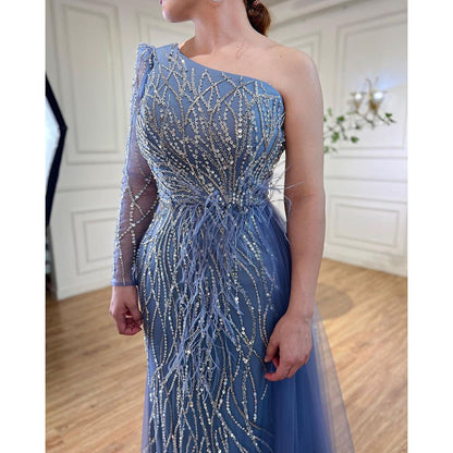 Serene Hill Grey Mermaid Elegant With Skirt One Shoulder Beaded Feathers Evening Dresses Gowns For Women Party 2025 LA71789 - SERENE HILL