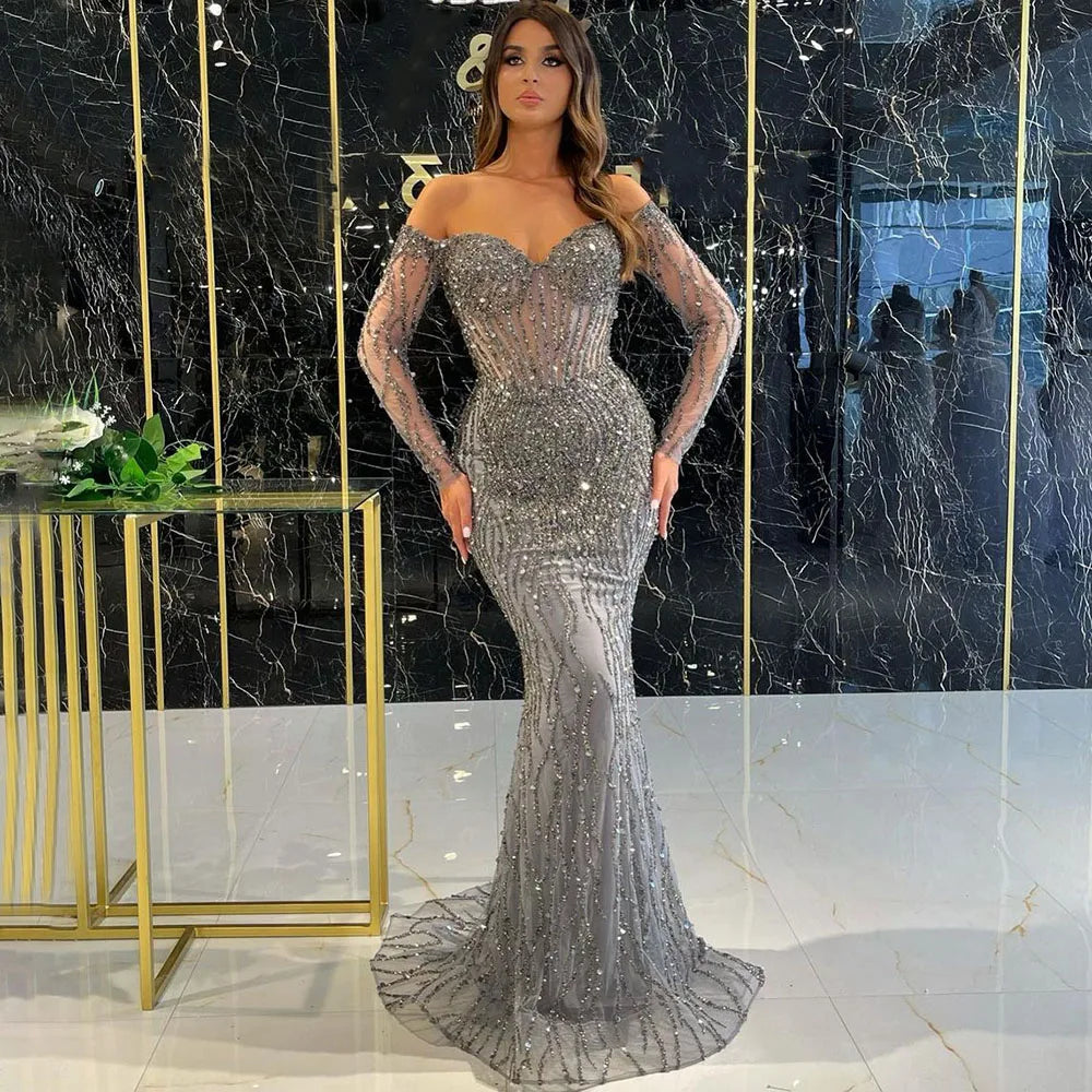 Serene Hill Grey Mermaid Spaghetti Strap Luxury Beaded Elegant Evening Dresses Gowns 2025 For Woman Wedding Party LA71650 - SERENE HILL