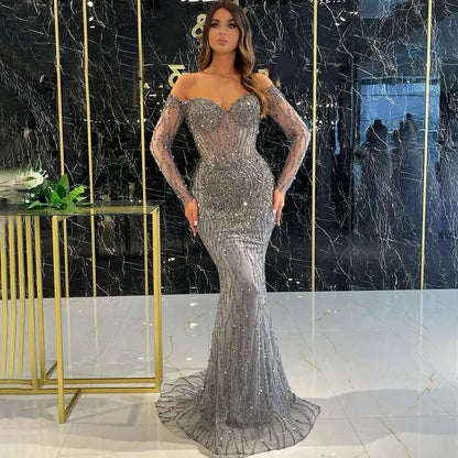 Serene Hill Grey Mermaid Spaghetti Strap Luxury Beaded Elegant Evening Dresses Gowns 2025 For Woman Wedding Party LA71650 - SERENE HILL