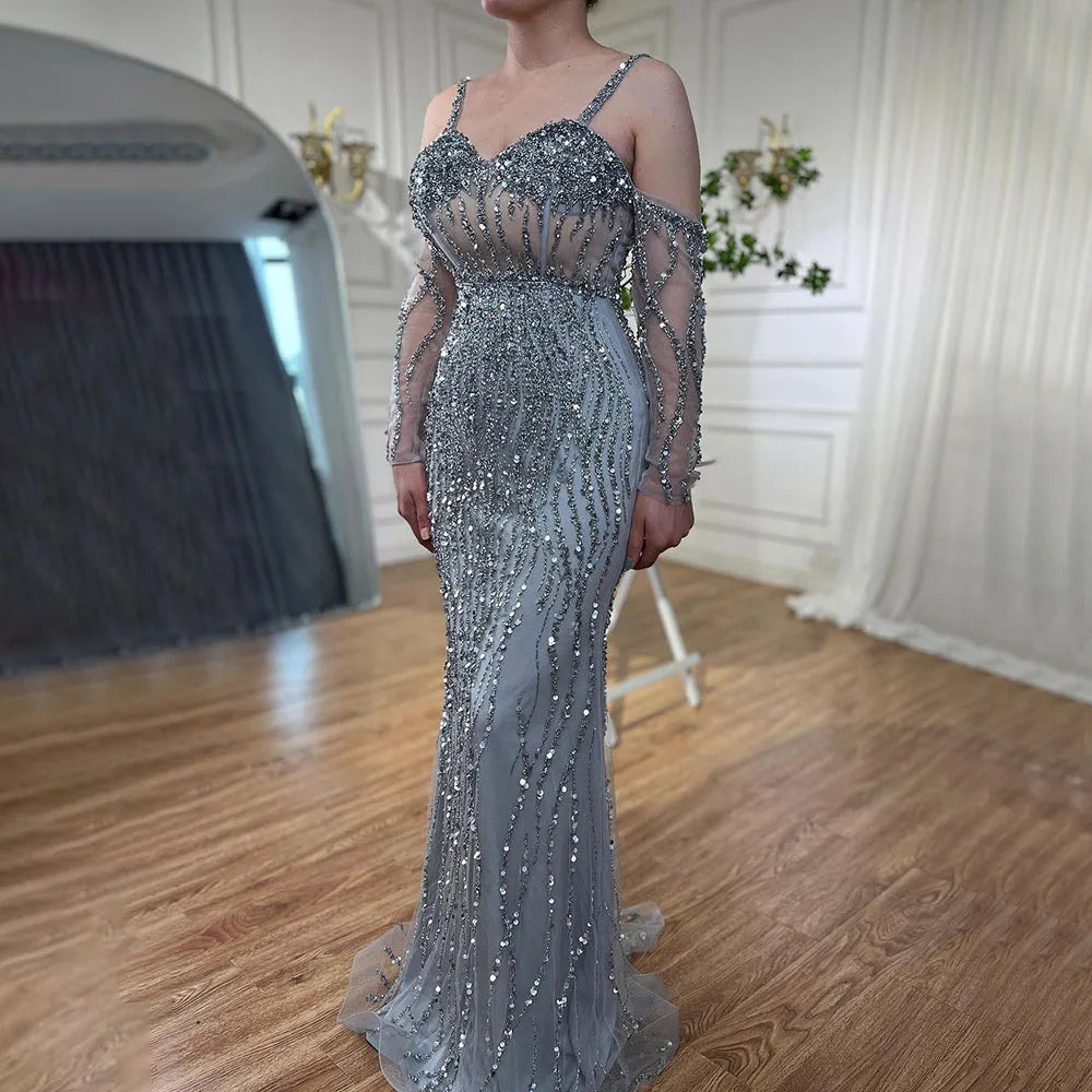 Serene Hill Grey Mermaid Spaghetti Strap Luxury Beaded Elegant Evening Dresses Gowns 2025 For Woman Wedding Party LA71650 - SERENE HILL