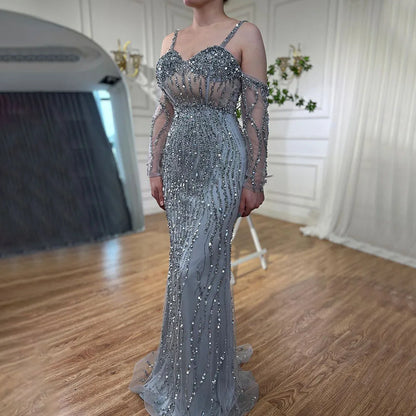 Serene Hill Grey Mermaid Spaghetti Strap Luxury Beaded Elegant Evening Dresses Gowns 2025 For Woman Wedding Party LA71650 - SERENE HILL