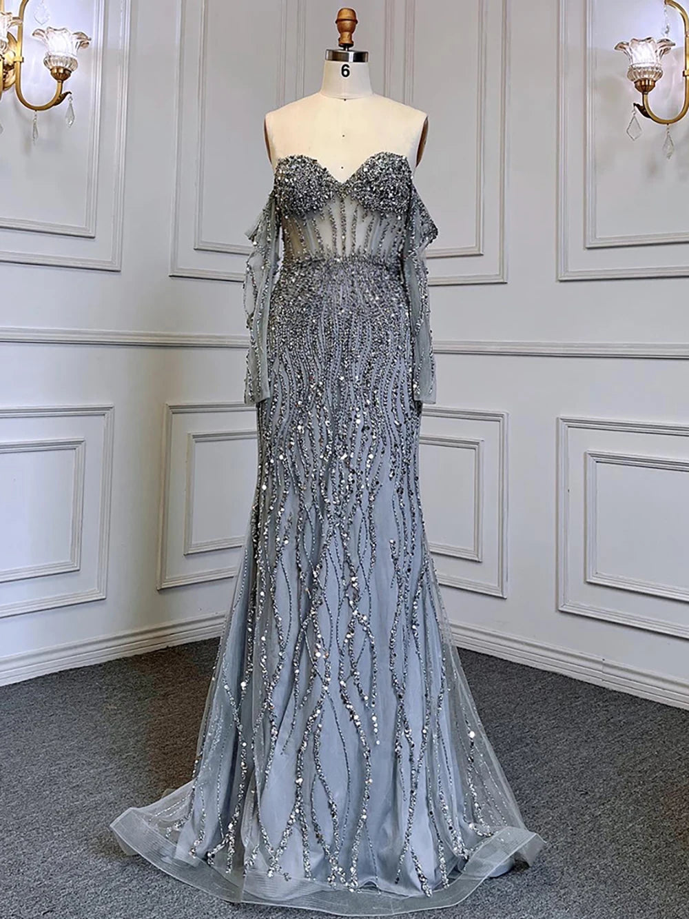 Serene Hill Grey Mermaid Spaghetti Strap Luxury Beaded Elegant Evening Dresses Gowns 2025 For Woman Wedding Party LA71650 - SERENE HILL