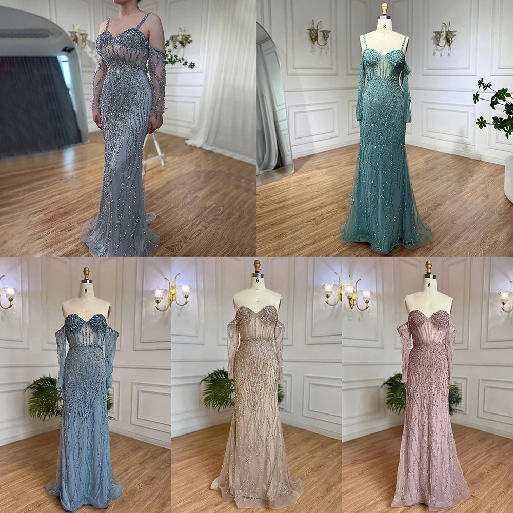 Serene Hill Grey Mermaid Spaghetti Strap Luxury Beaded Elegant Evening Dresses Gowns 2025 For Woman Wedding Party LA71650 - SERENE HILL