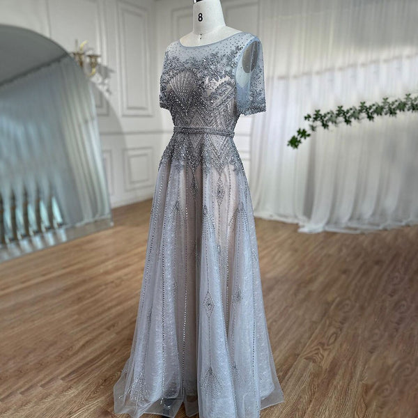 Serene Hill Grey O Neck Short Sleeves A Line Evening Dresses 2025 Mother of the Bride Luxury Beaded Party Gowns LA72102