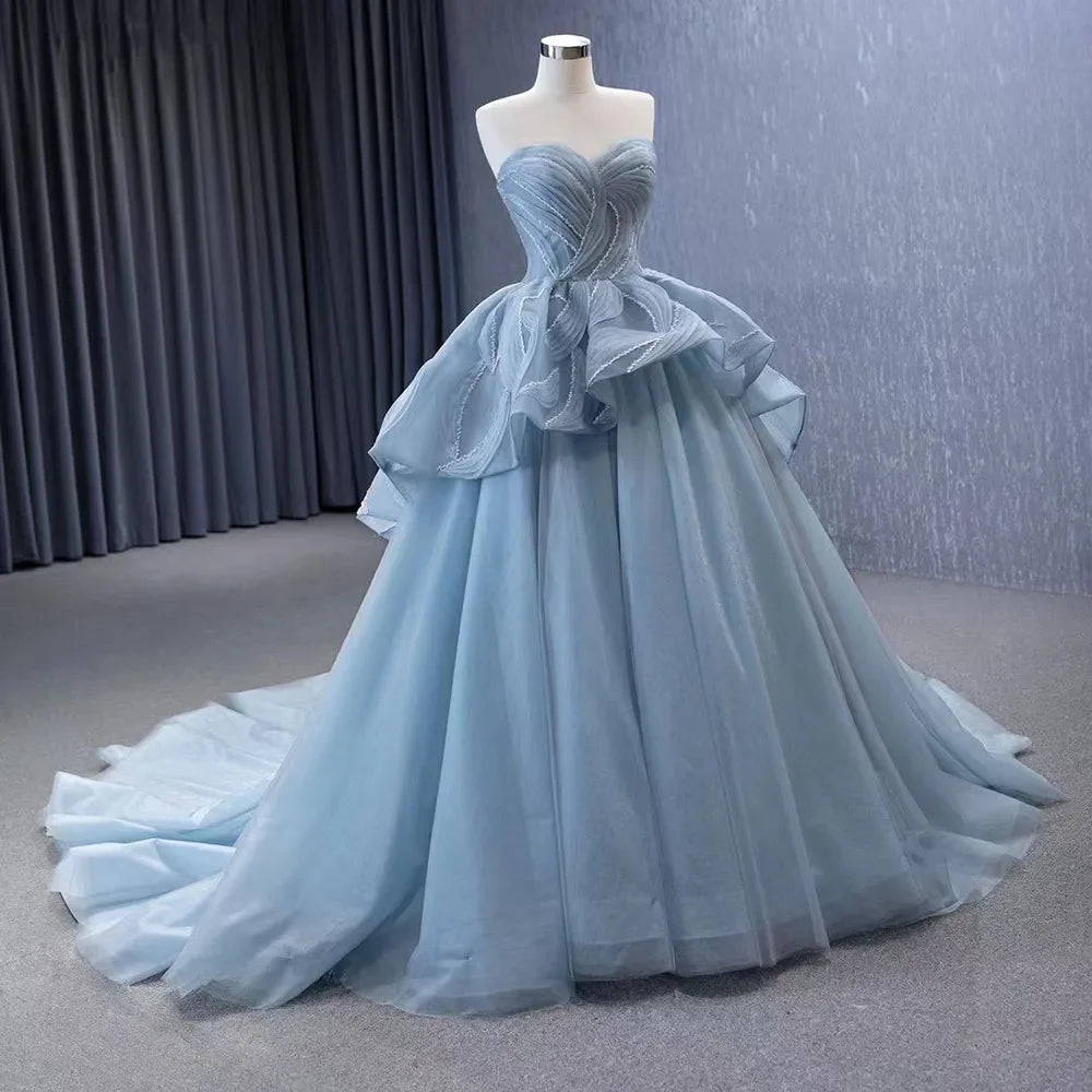 Serene Hill High End Custom Made Gray Blue Lace Up Beaded Luxury Ball Gown Bride Gowns Wedding Dress HM231064 - SERENE HILL