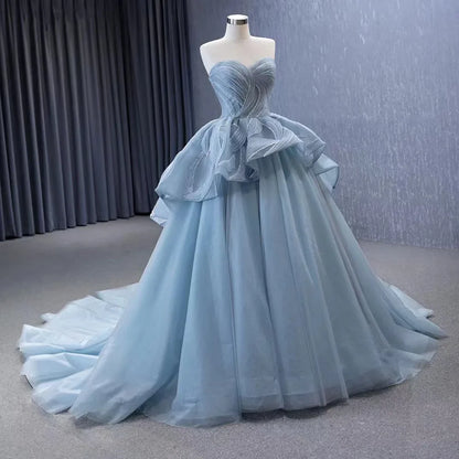 Serene Hill High End Custom Made Gray Blue Lace Up Beaded Luxury Ball Gown Bride Gowns Wedding Dress HM231064 - SERENE HILL