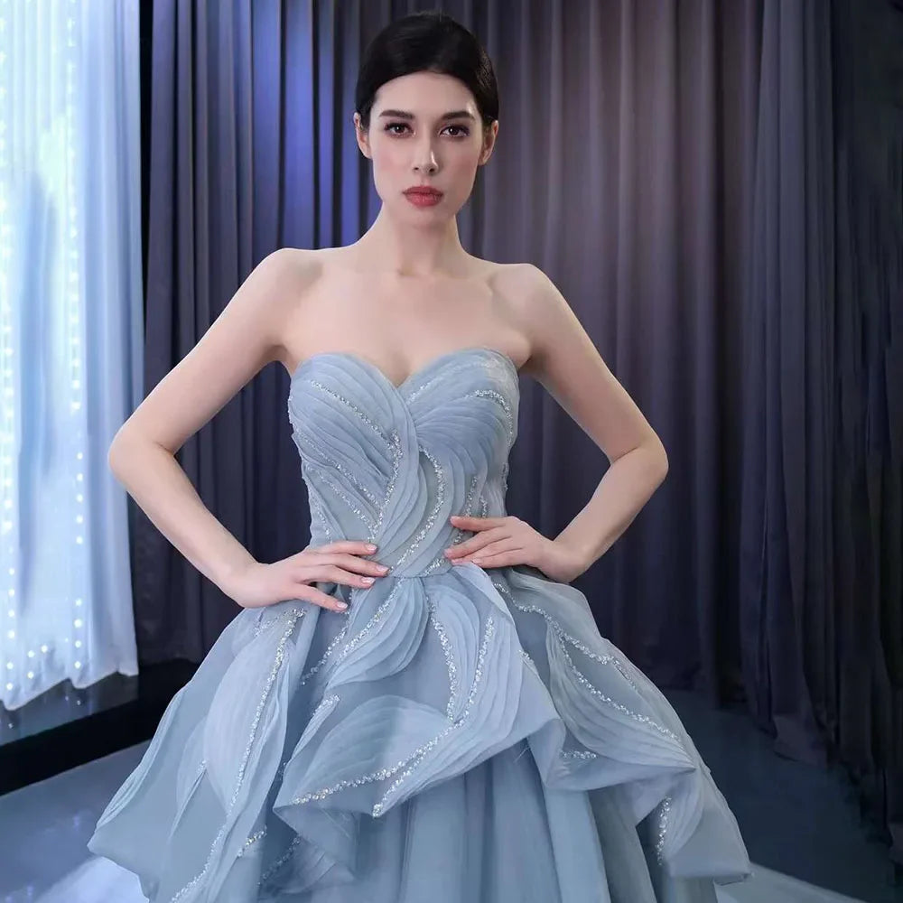 Serene Hill High End Custom Made Gray Blue Lace Up Beaded Luxury Ball Gown Bride Gowns Wedding Dress HM231064 - SERENE HILL