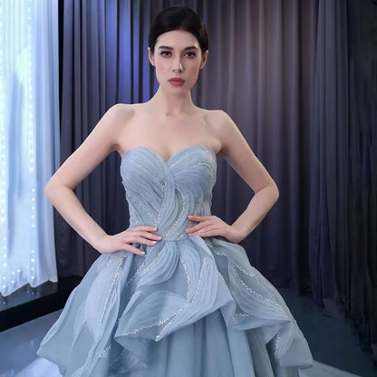 Serene Hill High End Custom Made Gray Blue Lace Up Beaded Luxury Ball Gown Bride Gowns Wedding Dress HM231064 - SERENE HILL