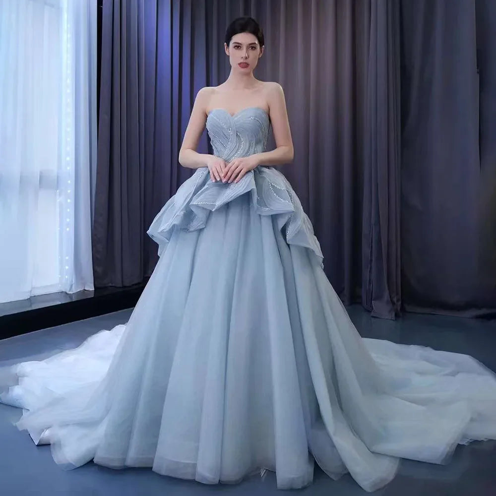 Serene Hill High End Custom Made Gray Blue Lace Up Beaded Luxury Ball Gown Bride Gowns Wedding Dress HM231064 - SERENE HILL