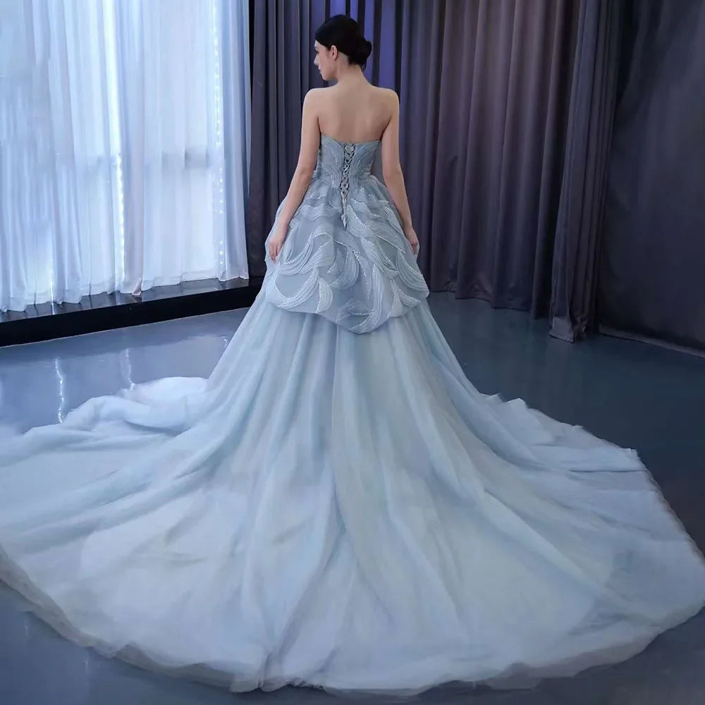 Serene Hill High End Custom Made Gray Blue Lace Up Beaded Luxury Ball Gown Bride Gowns Wedding Dress HM231064 - SERENE HILL