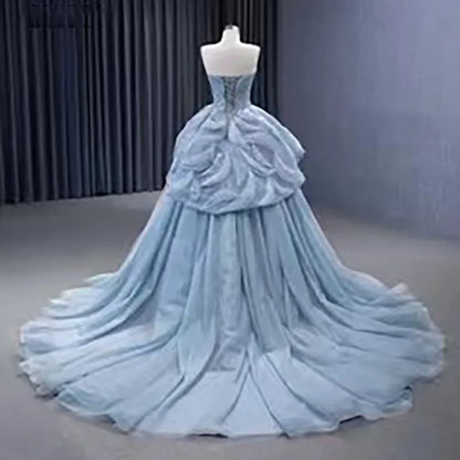 Serene Hill High End Custom Made Gray Blue Lace Up Beaded Luxury Ball Gown Bride Gowns Wedding Dress HM231064 - SERENE HILL
