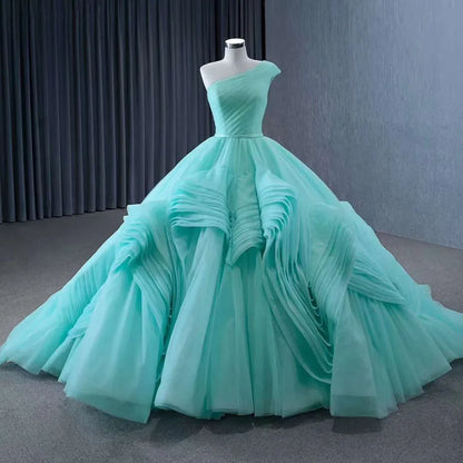 Serene Hill High End Custom Made Light Green One Shoulder Lace Up Beaded Luxury Ball Gown Bride Gowns Wedding Dress HM231120 - SERENE HILL