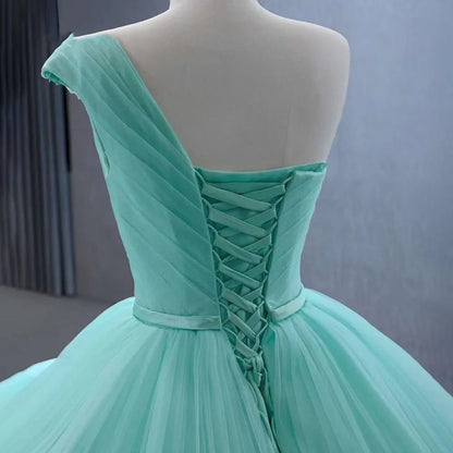Serene Hill High End Custom Made Light Green One Shoulder Lace Up Beaded Luxury Ball Gown Bride Gowns Wedding Dress HM231120 - SERENE HILL