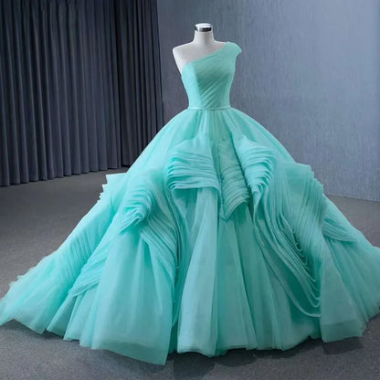 Serene Hill High End Custom Made Light Green One Shoulder Lace Up Beaded Luxury Ball Gown Bride Gowns Wedding Dress HM231120 - SERENE HILL